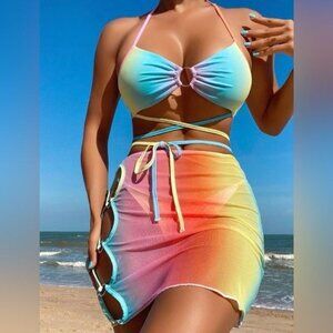 Multicolor Ombre Lace Up Bikini Swimsuit With Beach Skirt